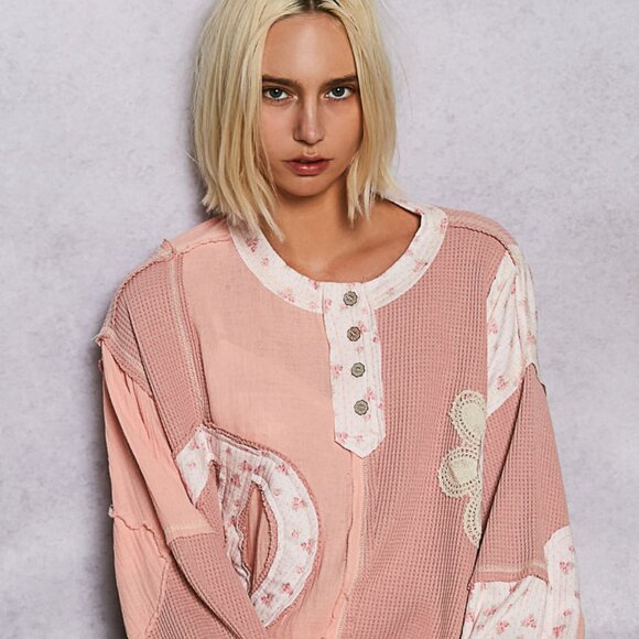 POL Tops - P30 NEW POL! Pink Round Neck Peace Patch Floral Oversized Fit Knit Top